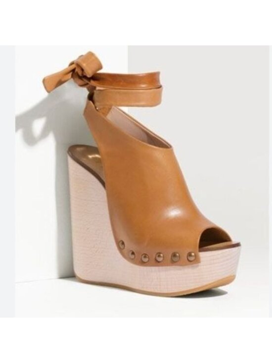 Chloe Shoes - Chloe Studded Brown Leather Ankle Strap Wood Platform Clog Style Heel EU 38